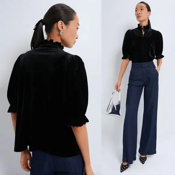 Pomander PlaceBlack Velvet Selena Blouse Victorian Puff Sleeve Top XXS